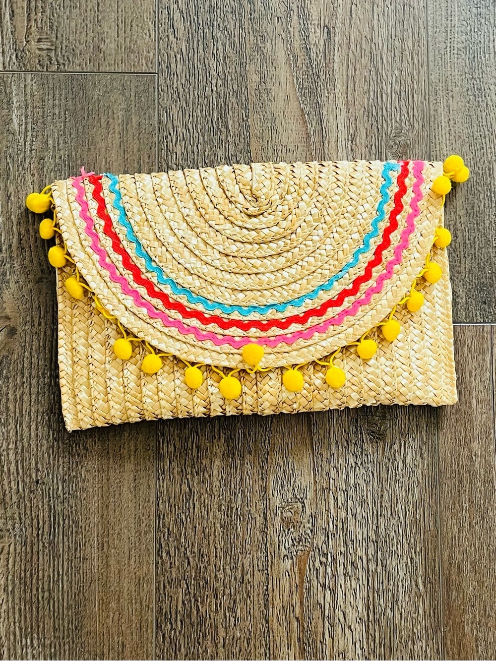 Straw Pom-Pom Clutch with Bright Trim